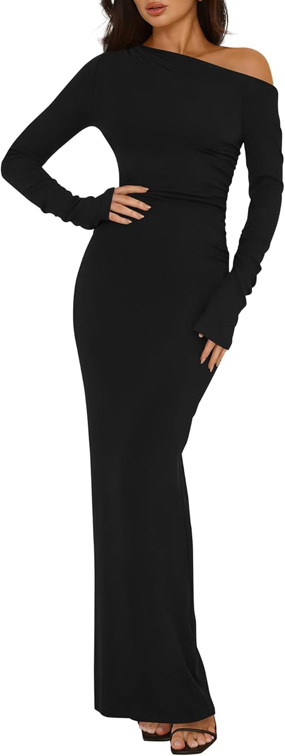 One Shoulder Long Sleeve Ruched Bodycon Maxi Dress with Slit