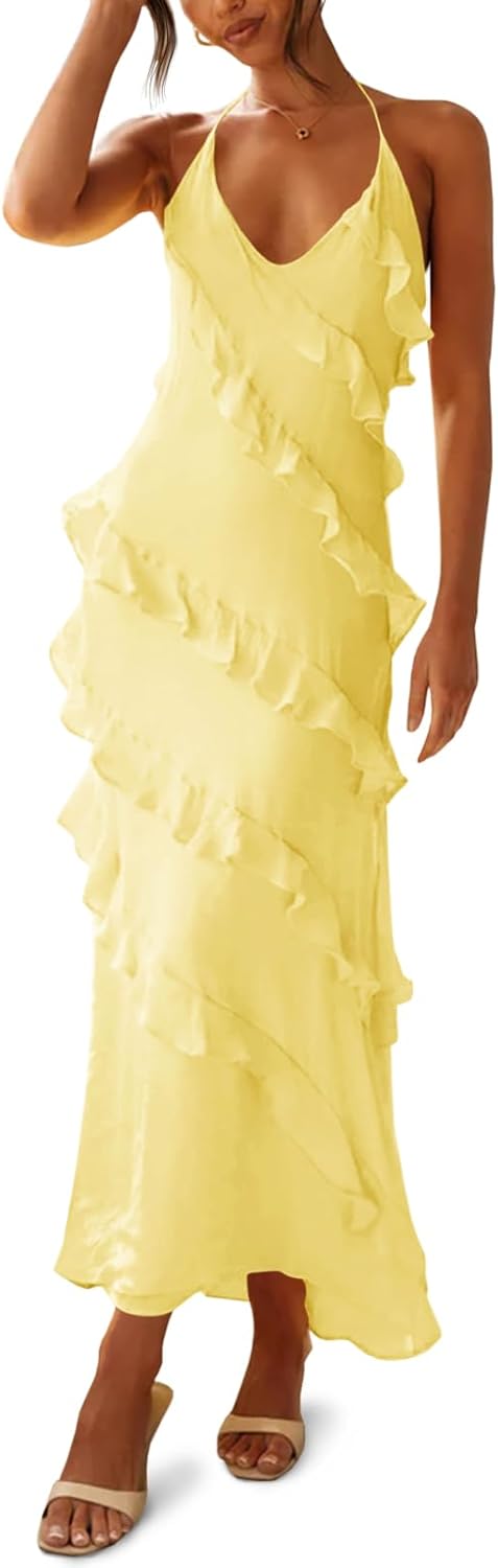 Chiffon Halter Backless Maxi Dress with Ruffle and Tassel Detail