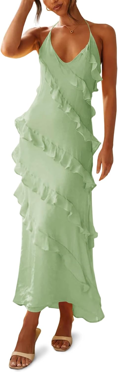 Chiffon Halter Backless Maxi Dress with Ruffle and Tassel Detail