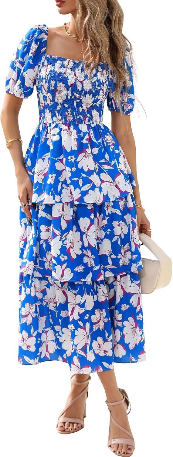 Floral Smocked Maxi Dress with Puff Sleeves and Tiered Ruffles