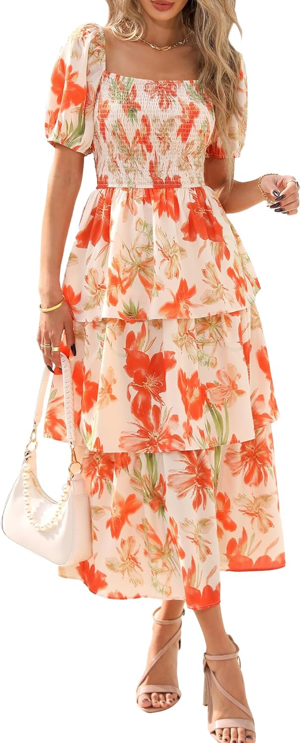 Floral Smocked Maxi Dress with Puff Sleeves and Tiered Ruffles