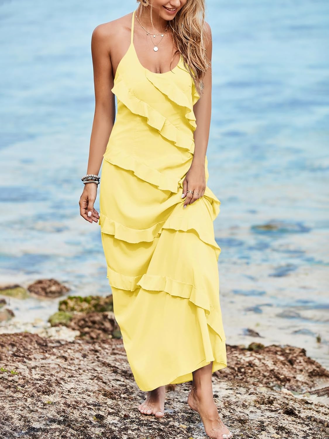 Chiffon Halter Backless Maxi Dress with Ruffle and Tassel Detail