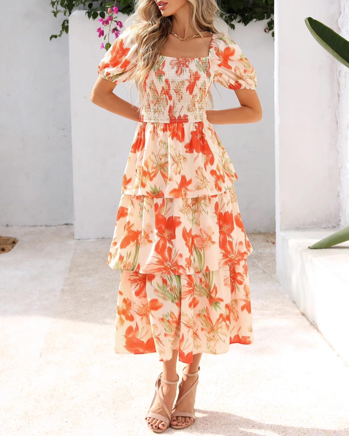 Floral Smocked Maxi Dress with Puff Sleeves and Tiered Ruffles