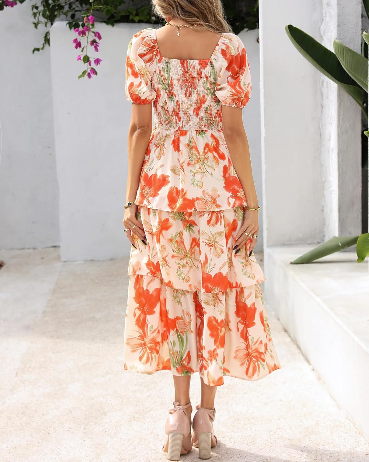 Floral Smocked Maxi Dress with Puff Sleeves and Tiered Ruffles