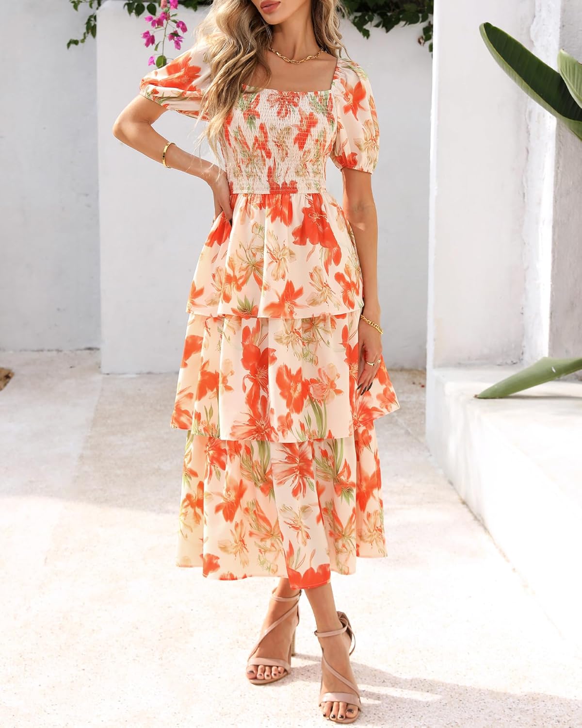 Floral Smocked Maxi Dress with Puff Sleeves and Tiered Ruffles