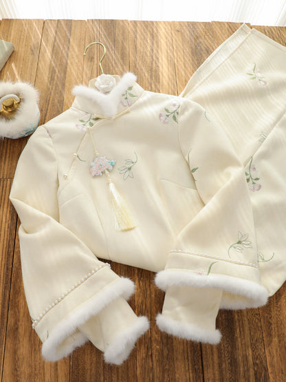 新月閣 粉蕊 溫婉刺繡麂皮絨旗袍
