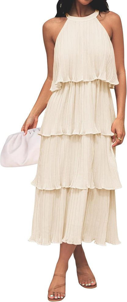 Halter Neck Sleeveless Tiered Chiffon Midi Dress