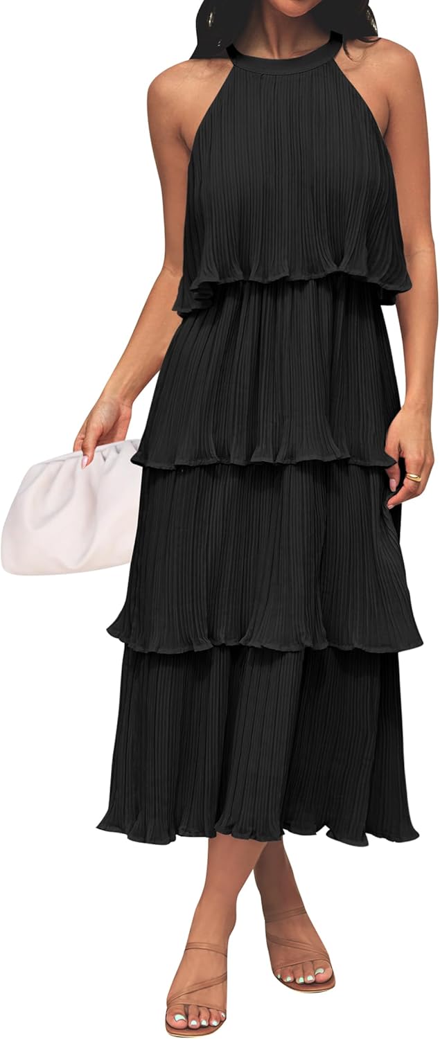 Halter Neck Sleeveless Tiered Chiffon Midi Dress