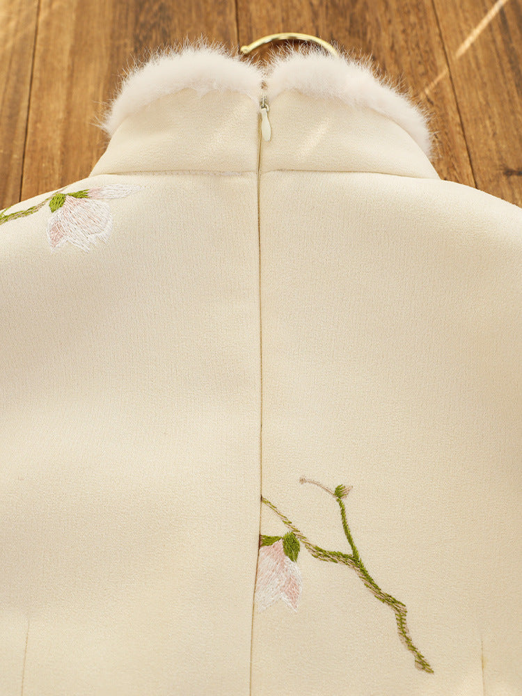 新月閣 桃枝盈盈 刺繡麂皮絨倒大袖旗袍