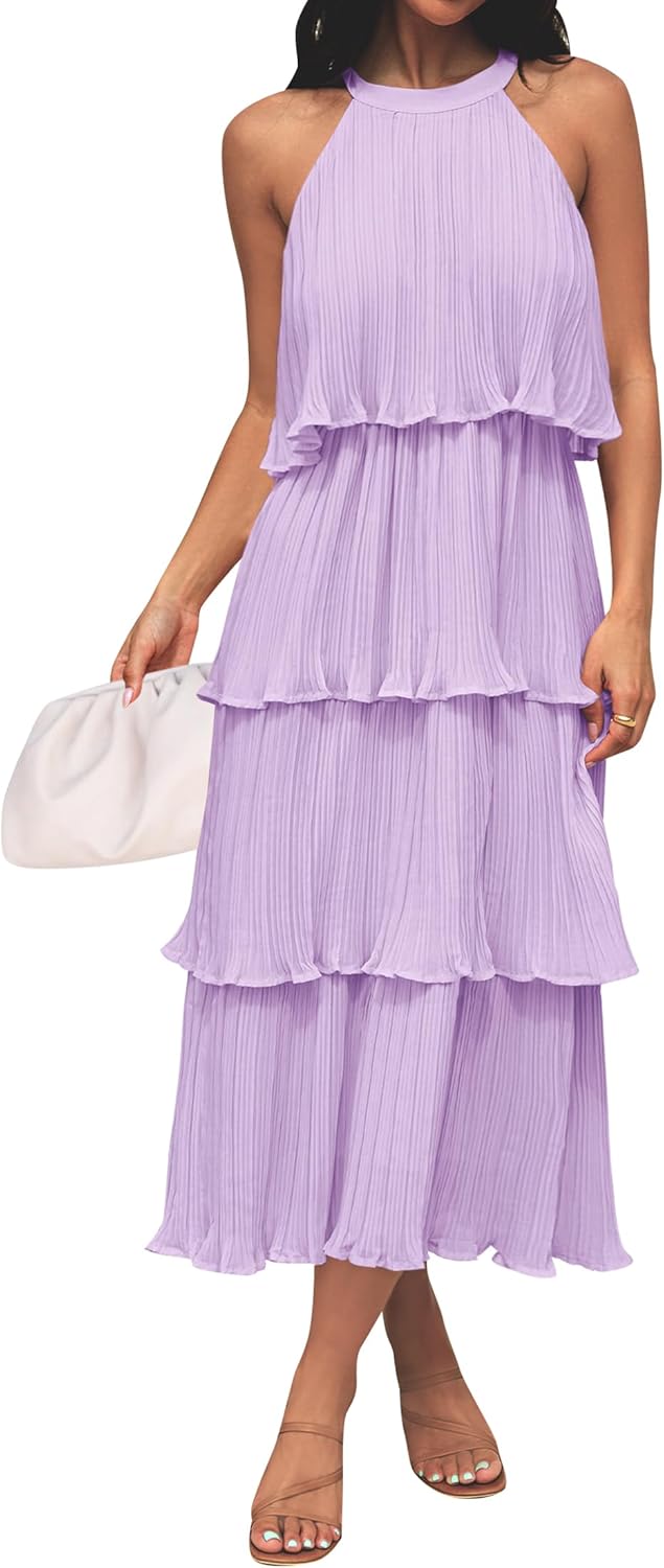 Halter Neck Sleeveless Tiered Chiffon Midi Dress