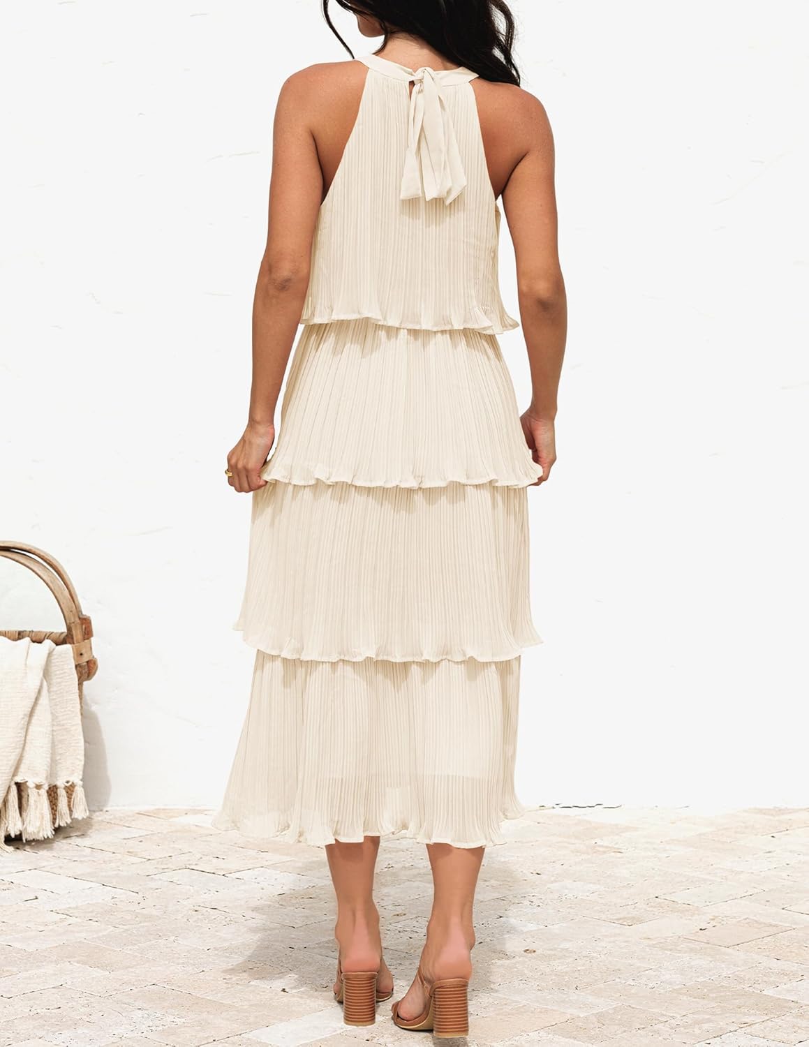 Halter Neck Sleeveless Tiered Chiffon Midi Dress