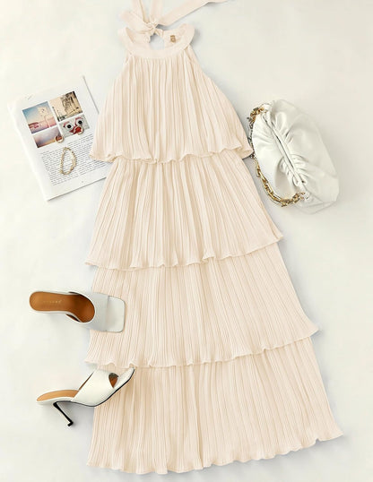 Halter Neck Sleeveless Tiered Chiffon Midi Dress