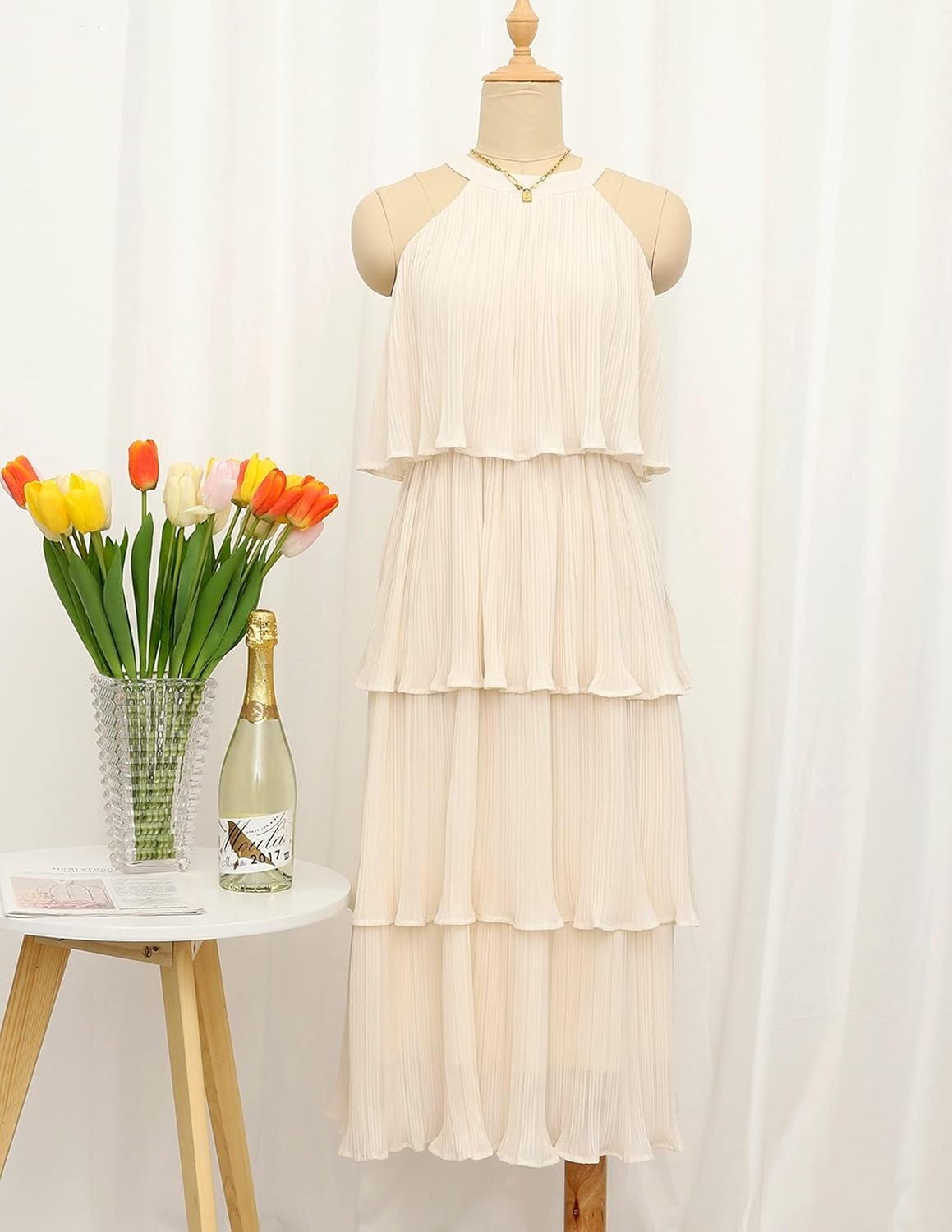 Halter Neck Sleeveless Tiered Chiffon Midi Dress