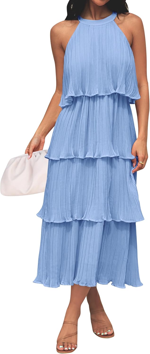 Halter Neck Sleeveless Tiered Chiffon Midi Dress