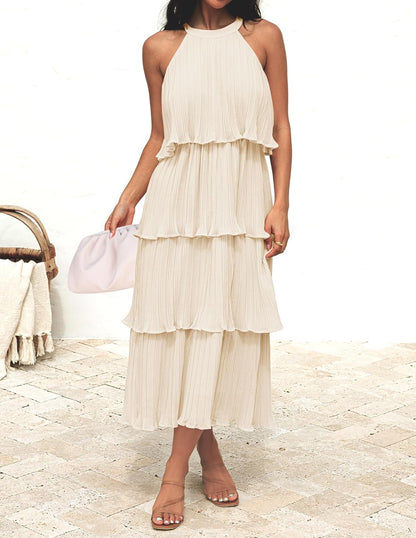 Halter Neck Sleeveless Tiered Chiffon Midi Dress