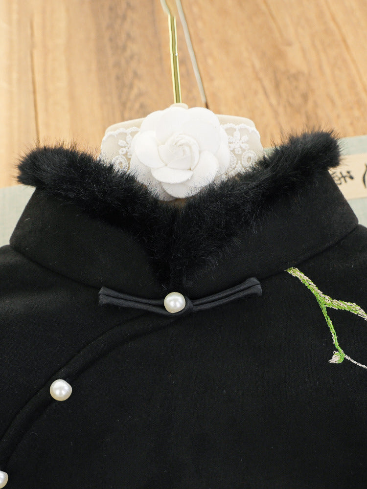 新月閣 桃枝盈盈 刺繡麂皮絨倒大袖旗袍